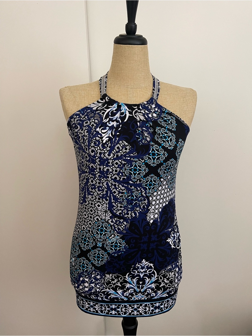 White House Black Market Navy Blue Black and White Printed Halter Tank